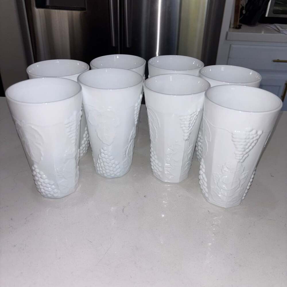 Vintage Indiana Glass Colony Harvest Grape Milk Glass Tumblers, Set of 8
